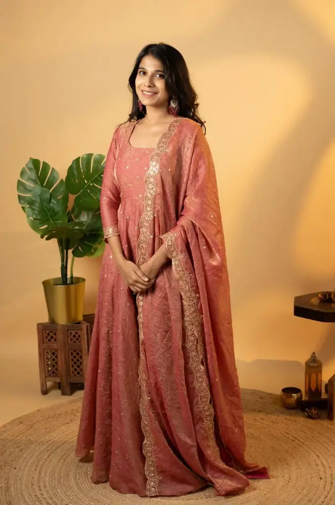 Designer Anarkali Gown in Chinnon Silk with Embroidery Work
