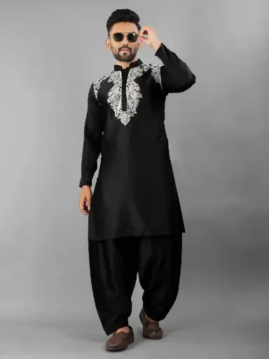 Satin Silk Embroidered Pathani Set