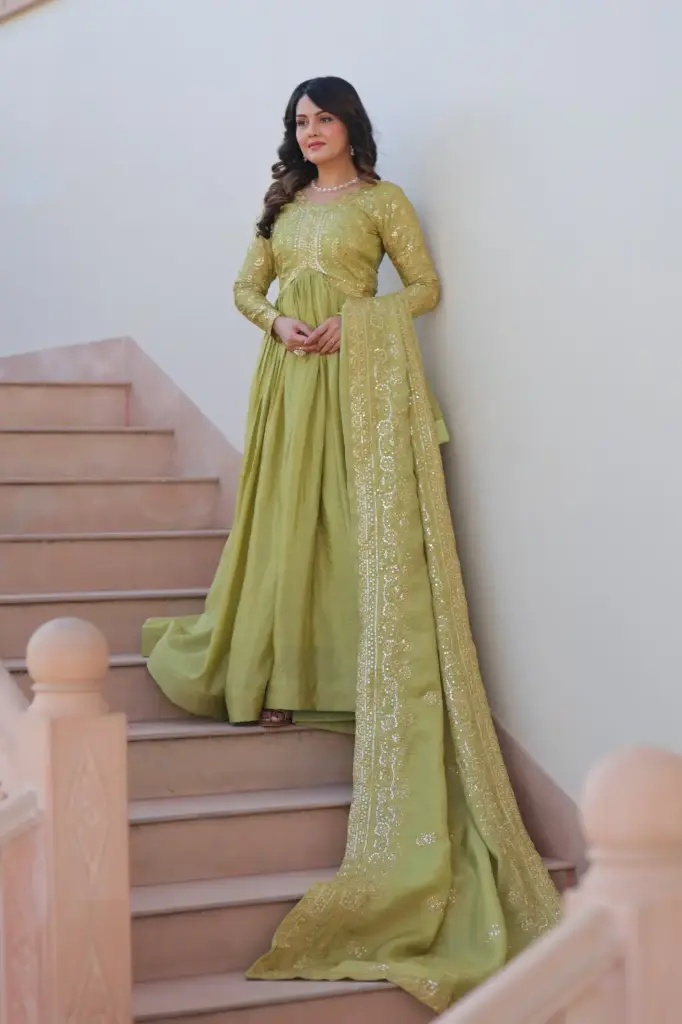 Designer Anarkali Gown Gold Crush With Embroidery Sequins Work