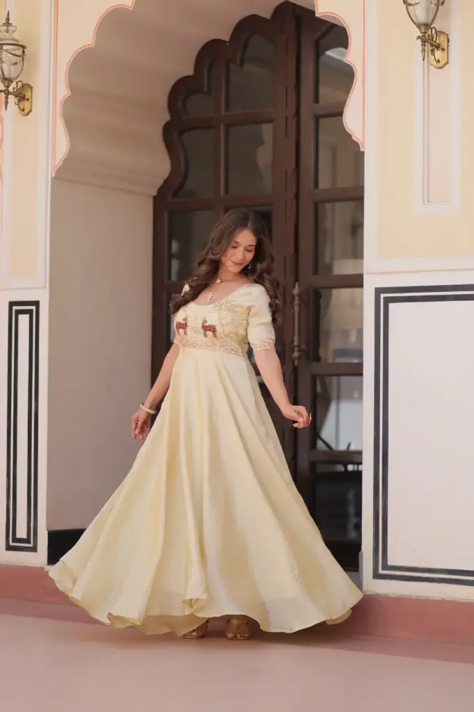 Anarkali Gown Gold Crush With Beads Embroidered Work